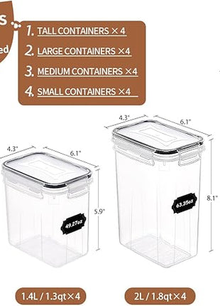 PRAKI Airtight Food Storage Containers Set, 16 Pcs BPA Free Plastic Dry Food Canisters for Kitchen Pantry Organization and Storage Ideal for Cereal, Flour & Sugar - Labels, Marker(Black)