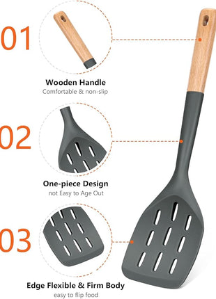Pack of 2 Silicone Spatula, Non Stick Cooking Utensil Set Wooden Handle Kitchen Turner for Baking Mixing Grilling Serving Food Heat Resistant Non Scratch Hooks Included (Grey)