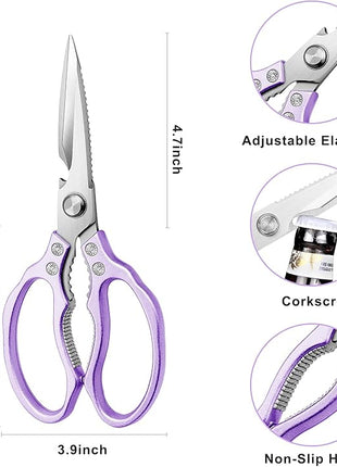 AWinjoy Heavy Duty Sharp Kitchen Scissors, Dishwasher Safe, Cooking Shears for Meat, Chicken, Fish, Poultry, Herb, Bread (Purple)