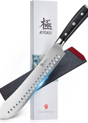 KYOKU 10" Bullnose Butcher Knife, Samurai Series Butcher Knife for Meat Cutting Chopping with Pakkawood Handle, Japanese High Carbon Steel Kitchen Knife for Professional Chef & Cook with Sheath & Case