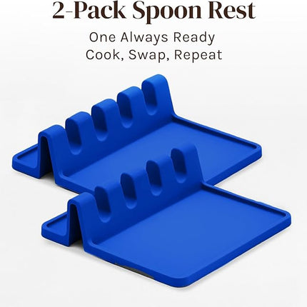 Blue Silicone Spoon Rest for Stove Top with Drip Pad (Two Pack) - Heat Resistant BPA Free Utensil Rest & Spoon Holder for Kitchen Counter - Grill Utensil Holder - Spatula Holder, Tongs, Ladle