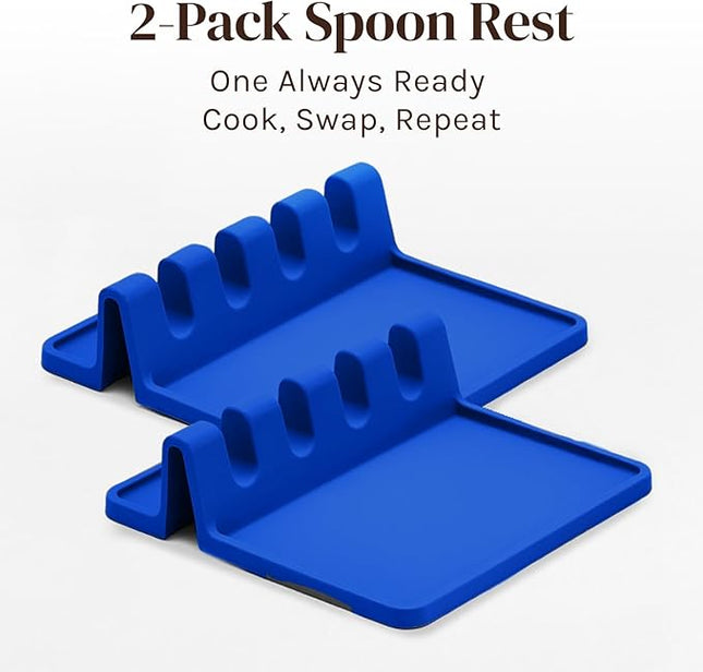 Blue Silicone Spoon Rest for Stove Top with Drip Pad (Two Pack) - Heat Resistant BPA Free Utensil Rest & Spoon Holder for Kitchen Counter - Grill Utensil Holder - Spatula Holder, Tongs, Ladle