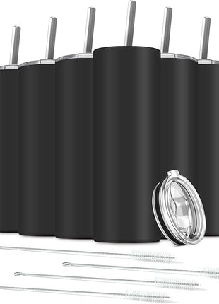8 Pack Stainless Steel Skinny Tumbler, 20 OZ Double-Insulated Water Tumbler Cup with 8 Straw and 4 Brush, Vacuum Travel Mug Gift for Hot Cold Drinks with Cleaning(Black)