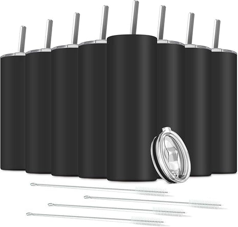 8 Pack Stainless Steel Skinny Tumbler, 20 OZ Double-Insulated Water Tumbler Cup with 8 Straw and 4 Brush, Vacuum Travel Mug Gift for Hot Cold Drinks with Cleaning(Black)
