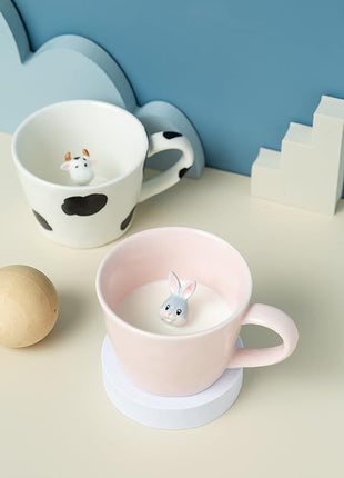 DIHOclub Rabbit Ceramic Cup Hidden 3D Animal Inside Mug,Cute Cartoon Bunny Handmade Figurine Mugs,Easter Gifts,12 OZ (Pink)
