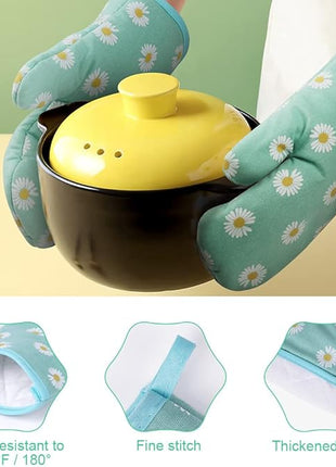 AUAUY Oven Mitts and Potholders, BBQ Gloves Heat Resistant, 1 Pair Oven Mitts and 2 Pot Holders, Cotton Non-Slip Cooking Gloves Home Essentials for Cooking Baking Kitchen Microwave Pizza (Daisy-Green)