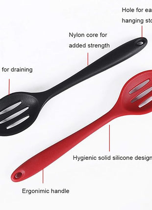 Silicone Nonstick Slotted Spoons Set 2,High Heat Resistant, Hygienic Design Cooking Baking Spoons Set for Cooking Stirring, Mixing and Serving,Red and Black with Color Box