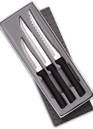 Rada Cutlery 3-Piece Cooking Essentials Knife Gift Set (G249), Stainless Steel Hollow Ground Blades, Made in USA, Black Handles