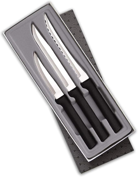 Rada Cutlery 3-Piece Cooking Essentials Knife Gift Set (G249), Stainless Steel Hollow Ground Blades, Made in USA, Black Handles
