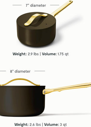 Caraway Nonstick Ceramic Sauce Pans with Lids (3 qt & 1.75 qt) - Non Toxic, PTFE & PFOA Free - Oven Safe & Compatible with All Stovetops (Gas, Electric & Induction) - Black