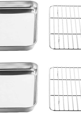 Wildone Baking Sheet with Rack Set [2 Sheets + 2 Racks], Stainless Steel Cookie Pan baking Tray with Cooling Rack, Size 9 x 7 x 1 Inch, Non Toxic & Heavy Duty & Easy Clean