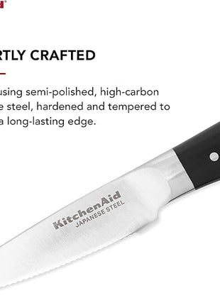 KitchenAid Gourmet Forged Triple Rivet Serrated Paring Knife with Custom-Fit Blade Cover, 3.5-inch, Sharp Kitchen Knife, High-Carbon Japanese Stainless Steel Blade, Black