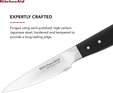 KitchenAid Gourmet Forged Triple Rivet Serrated Paring Knife with Custom-Fit Blade Cover, 3.5-inch, Sharp Kitchen Knife, High-Carbon Japanese Stainless Steel Blade, Black