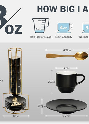 Lareina Porcelain 3-Ounce Espresso Cups Set of 6, Small Stackable Coffee Cups with Saucers, Spoons and Metal Stand - Ceramic Demitasse Mugs, Double Shots Expresso Cup, Matte Black