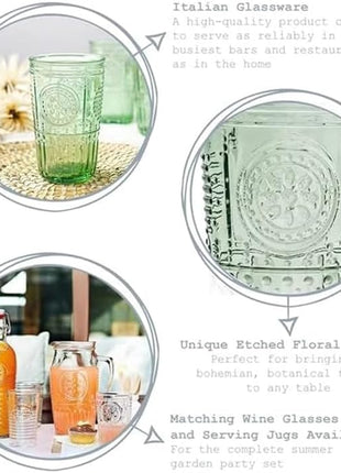 Bormioli Rocco Romantic Set Of 4 Tumbler Glasses, 11.5 Oz. Colored Crystal Glass, Pastel Green, Made In Italy.