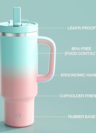 40 oz Tumbler with Handle and Straw: Stainless Steel Insulated Tumbler Keeps Cold for 24 Hours, Leakproof Travel Cup Fits in Cup Holder and BPA-Free, Cherry Blossom