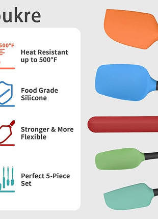 Coukre Silicone Spatula Set of 5,High Heat Resistant, Food Grade Silicone, Upgraded Extended Reinforced Handle,Dishwasher Safe, for Baking, Cooking (Colorful, Color block)