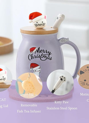BigNoseDeer Christmas Mugs Kawaii Cat Mug Tea Cup with Infuser Cute Mugs Ceramic Coffee Mug with Lid, Spoon,Coaster Kitty Tea Mug Christmas Gifts Cat Lovers Gifts (Purple 13oz)