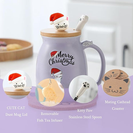 BigNoseDeer Christmas Mugs Kawaii Cat Mug Tea Cup with Infuser Cute Mugs Ceramic Coffee Mug with Lid, Spoon,Coaster Kitty Tea Mug Christmas Gifts Cat Lovers Gifts (Purple 13oz)