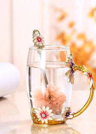 OEAGO Purple Gifts for Women Mom Mothers Day Glass Coffee Enamels Mug Best Birthday Flower Gifts for Her from Daughter Son Lead-Free Christmas Tea Cup with Spoon Set