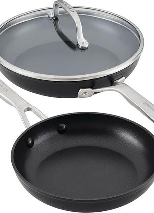 KitchenAid Hard Anodized Induction Nonstick Frying Pan Set With Lid, 3-Piece – 8 & 10 Inch Skillets, Durable, Even Heating, Dishwasher & Oven Safe, Easy-Clean, Matte Black