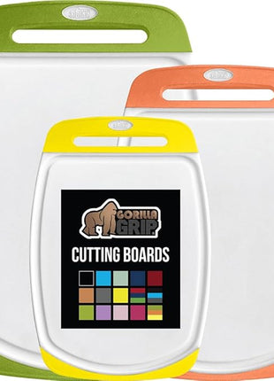GORILLA GRIP BPA-Free Reversible Kitchen Cutting Board Set of 3 US Designed, Nonporous, Juice Grooves Catch Liquid, Slip Resistant Border, Dishwasher Safe Large Food Chopping Boards, Lime Orange Lemon