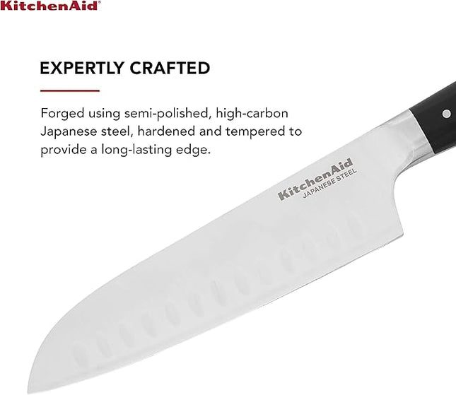 KitchenAid Gourmet Forged Triple Rivet Santoku Knife with Custom-Fit Blade Cover, 7-inch, Sharp Kitchen Knife, High-Carbon Japanese Stainless Steel Blade, Black