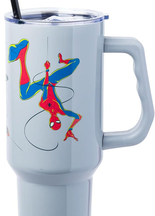 Silver Buffalo Marvel Spiderman Stainless Steel Tumbler with Handle Featuring Spider-Gwen, Miles Morales, and Spiderman, Fits In Standard Cup Holder, 40 Ounces