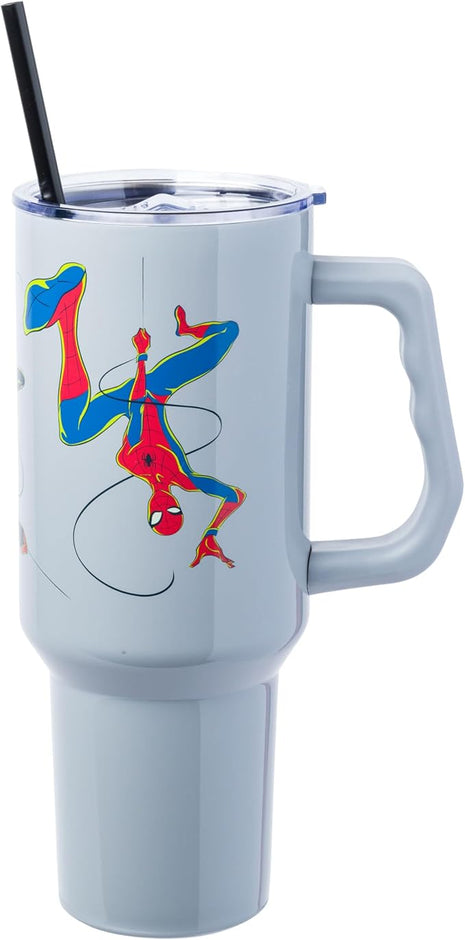 Silver Buffalo Marvel Spiderman Stainless Steel Tumbler with Handle Featuring Spider-Gwen, Miles Morales, and Spiderman, Fits In Standard Cup Holder, 40 Ounces
