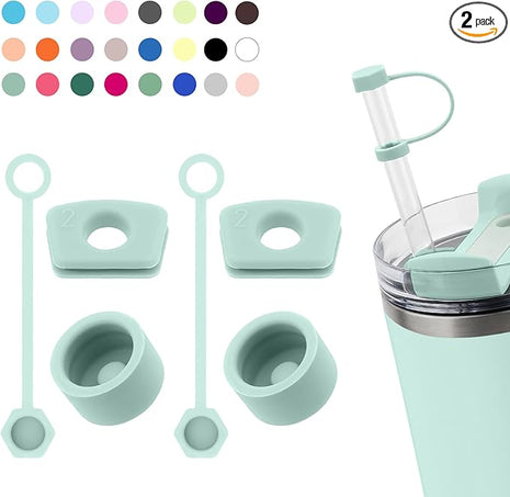 Silicone Spill Stopper Set Compatible with Stanley Cup 2.0 30oz & 40oz with Straw Cover (Set of 2, Seafoam)