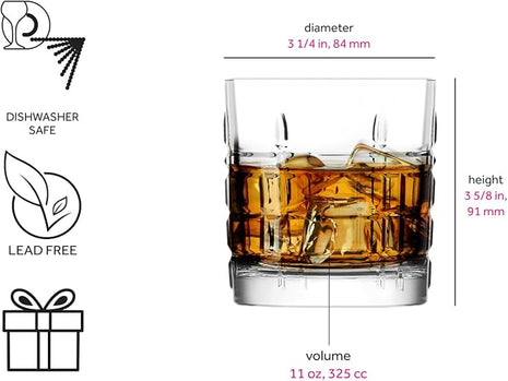 LAV Old Fashioned Whiskey Glass Set with Linear Nuances | Set of 4 x 11 oz | Brit Glasses, Bourbon, Scotch, Cocktails, Liquor | Crystal Whiskey, Bistro, Short Drink, Rock Glass, Bar | Dishwasher Safe