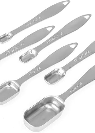 Accurate 18/8 Stainless Steel Measuring Spoons, Heavy Duty Good Handle Set of 6 Measuring Spoon with Ring Connector, Silver
