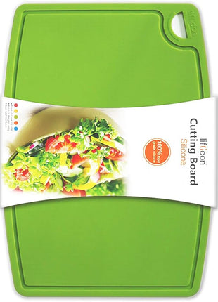 Liflicon Thick Silicone Cutting Board 12.6'' x 9.1'' Juice Grooves Easy Grip Handle Dishwasher Safe-Green
