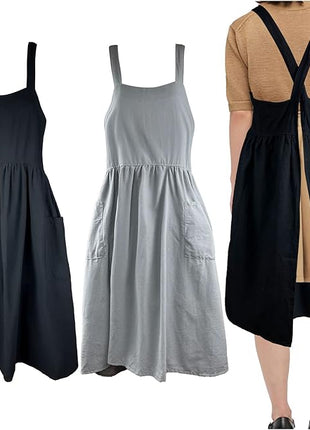 Uaussi Cotton Linen Apron Cross Back Work Apron for Women with Pockets Pinafore Dress X Cross Halter Apron for Chef Gardening