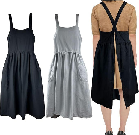Uaussi Cotton Linen Apron Cross Back Work Apron for Women with Pockets Pinafore Dress X Cross Halter Apron for Chef Gardening