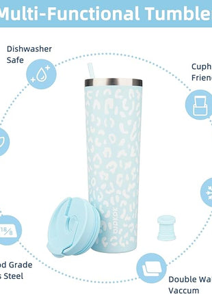 BJPKPK 34oz Tumbler With lid And Straw Stainless Steel Travel Coffee Mug Insulated Tumblers Cups,Light Blue Leopard