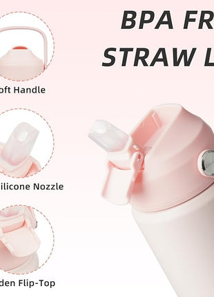 BJPKPK Insulated Water Bottle with Straw Lid, 18oz Thermo Water Bottles, Flex Handle & Non-slip Boot, BPA Free Leak Proof Stainless Steel Metal Thermo, Tumblers, Cups,Pearl Pink