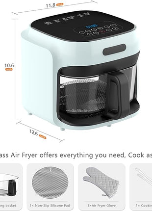 Glass Air Fryer, 7.6QT with Transparent Fry Bowl, Circulating Heating, Temperature Control, Air Fryer Roast, Dishwasher Safe (Green)