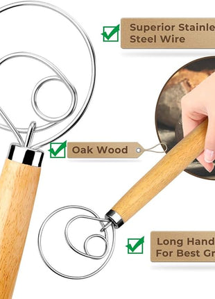 Danish Dough Whisk Bread Mixer，2 Pack Premium Stainless Steel Dutch Whisk With a Dough Scraper for Bread, Pastry or Pizza Dough - Perfect Baking