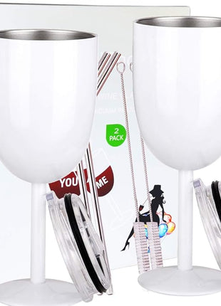 AMZUShome Stainless Steel Wine Glasses(2 Pack).Double Walled Vacuum Insulated Wine Tumbler Cups With Lid and Straw.Friendship,Christmas,Birthday Gifts for Women Men Friends Dad Mom(10oz White)