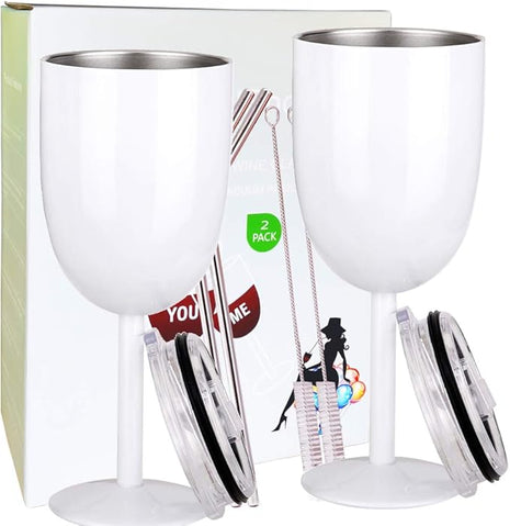 AMZUShome Stainless Steel Wine Glasses(2 Pack).Double Walled Vacuum Insulated Wine Tumbler Cups With Lid and Straw.Friendship,Christmas,Birthday Gifts for Women Men Friends Dad Mom(10oz White)