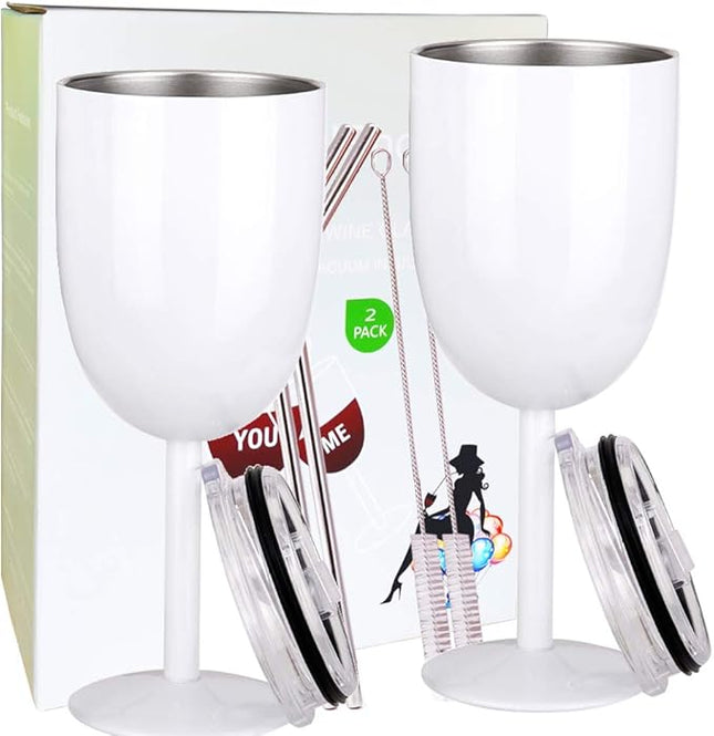 AMZUShome Stainless Steel Wine Glasses(2 Pack).Double Walled Vacuum Insulated Wine Tumbler Cups With Lid and Straw.Friendship,Christmas,Birthday Gifts for Women Men Friends Dad Mom(10oz White)