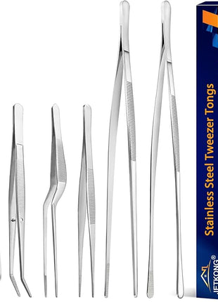 JETKONG 6 Pcs Cooking Tweezer Tongs, 12'' and 6.3" Stainless Steel Kitchen Tweezer Set, Professional Chef Tweezers for Cooking, Repairing, Sea Food, BBQ, Multi-use