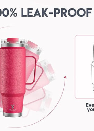 Meoky 40oz Tumbler with Handle, Stainless Steel Travel Mug with 2-in-1 Straw and Sip Lid, Vacuum Insulated Coffee Mug, 100% Leak Proof, Keeps Cold for 34 Hours or Hot for 10 Hours (Ruby)