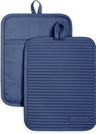 KitchenAid Ribbed Soft Silicone Pot Holder 2-Pack Set, Blue Willow, 7"x9"