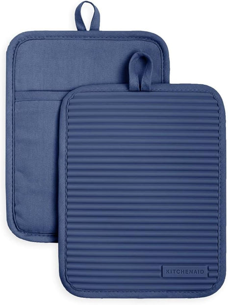 KitchenAid Ribbed Soft Silicone Pot Holder 2-Pack Set, Blue Willow, 7"x9"
