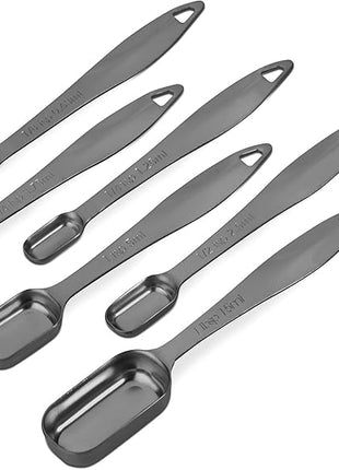 Accurate 18/8 Stainless Steel Measuring Spoons, Heavy Duty Good Handle Set of 6 Measuring Spoon with Ring Connector, Dark Grey