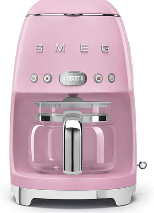Smeg 50's Retro Style Aesthetic Drip Coffee Machine with 10 Cup Glass Carafe, Auto Start Feature, Keep Warm Plate, and Two Coffee Strength Settings (Pink)