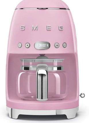 Smeg 50's Retro Style Aesthetic Drip Coffee Machine with 10 Cup Glass Carafe, Auto Start Feature, Keep Warm Plate, and Two Coffee Strength Settings (Pink)