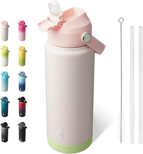 BJPKPK Water Bottle with Straw Lid, 24oz Vacuum Insulated Water Bottles, Metal Stainless Steel Thermo for Sports, Travel, BPA Free Leak Proof Thermo, Cups, Flasks, Tumblers,Pearl Pink